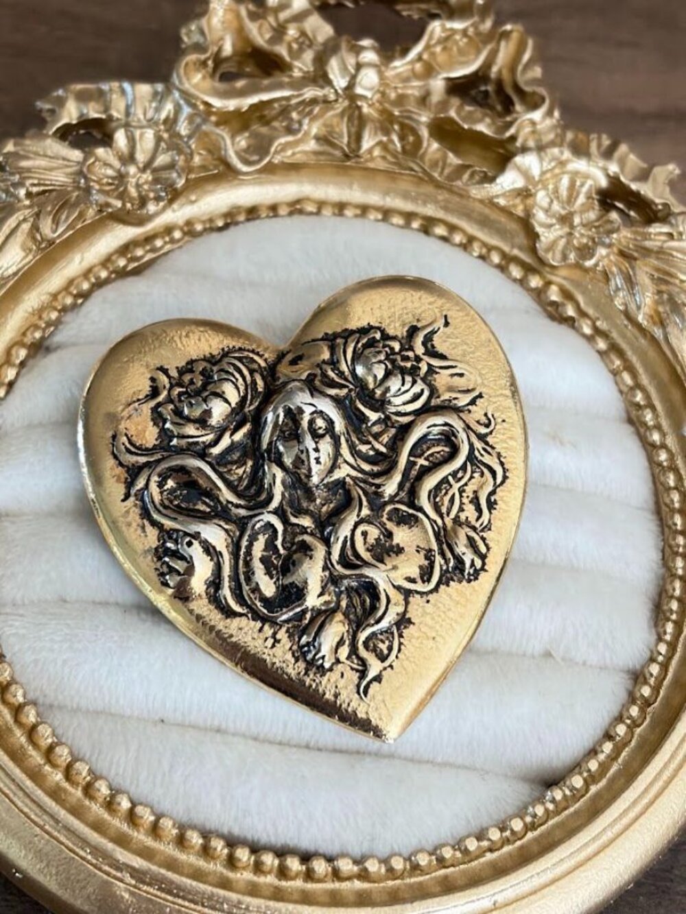 Vintage Art Nouveau Heart Scarf Clip Medusa Maiden Floral Slide 2x2"